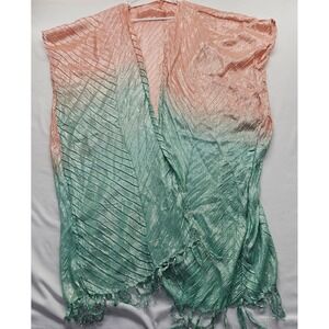 Anthropologie Ombre Pleated Metallic Wrap Shawl Coral Green Fringe One Size NWT